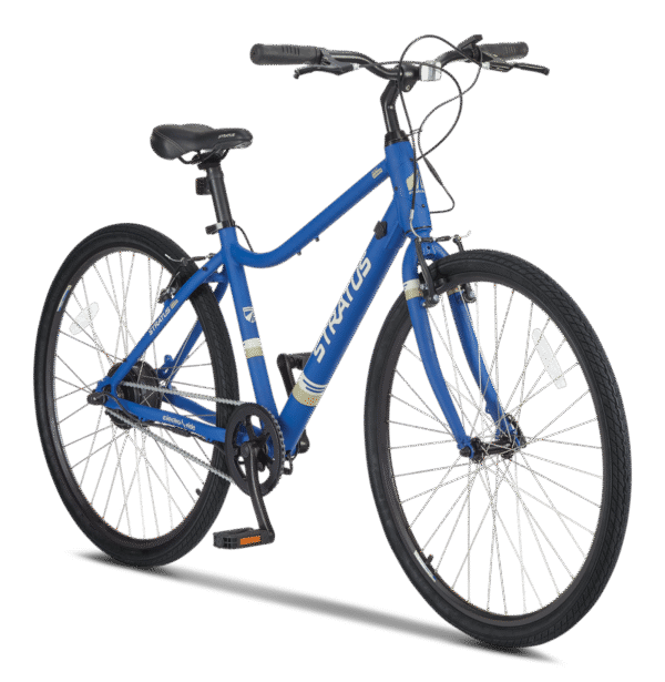 Vélo électrique léger Stratus Hightown avec cadre en aluminium, roues 700C, bleu