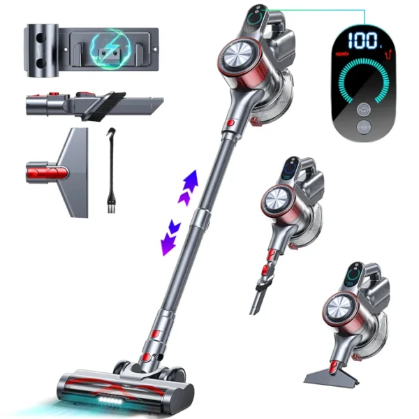 Aspirateur sans fil, aspirateur balai avec écran tactile, aspirateurs portatifs pour tapis pour animaux domestiques, planchers durs, 400 W, 35 KPA, 45 min, 1,2 L, grande capacité de charge, fixation murale, autoportant