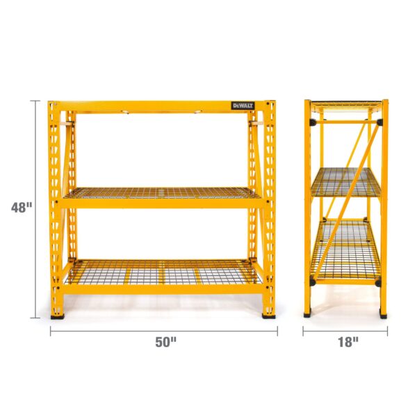 Unité de stockage/étagère en fil métallique robuste à 3 tablettes réglables DeWALT 41590, 48 x 18 x 50 po, jaune – Image 11