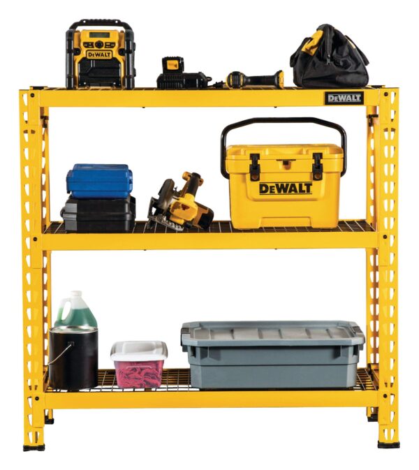 Unité de stockage/étagère en fil métallique robuste à 3 tablettes réglables DeWALT 41590, 48 x 18 x 50 po, jaune – Image 2