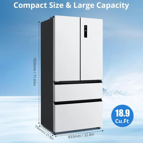 Réfrigérateur de 18,75 pieds cubes à porte française, réfrigérateur de cuisine grande capacité 33 pouces avec congélateur inférieur et 2 tiroirs de congélateur, 2 portes réglables, dégivrage automatique – Image 3