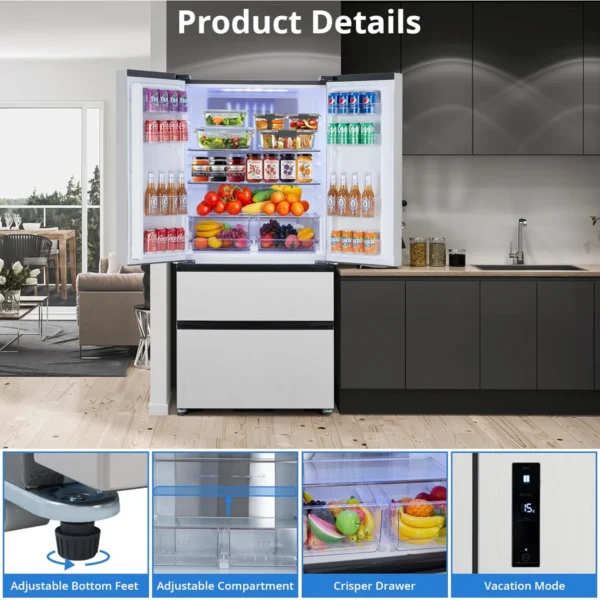 Réfrigérateur de 18,75 pieds cubes à porte française, réfrigérateur de cuisine grande capacité 33 pouces avec congélateur inférieur et 2 tiroirs de congélateur, 2 portes réglables, dégivrage automatique – Image 6
