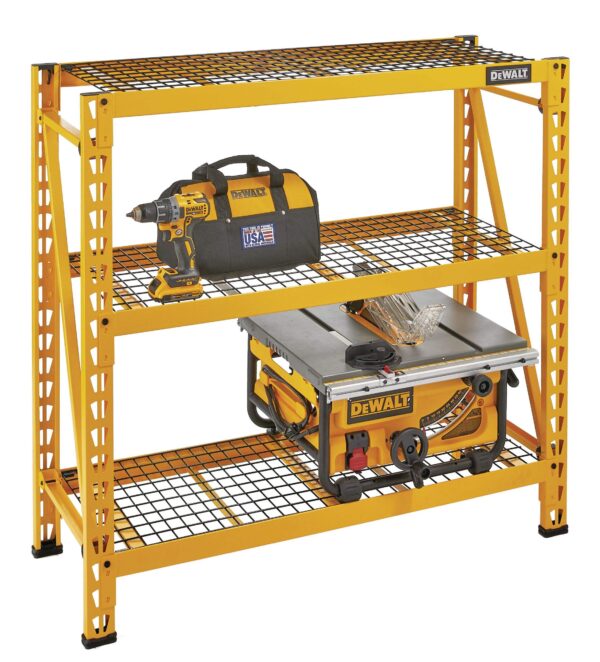 Unité de stockage/étagère en fil métallique robuste à 3 tablettes réglables DeWALT 41590, 48 x 18 x 50 po, jaune – Image 7