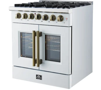 uisinière à double foyer à combustion double 30 po Galiano, blanc ou noir et laiton antique, four à convection véritable 4,32 pi³