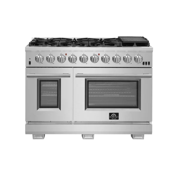 Cuisinière au gaz 48 pouces en acier inoxydable Capriasca, 8 brûleurs en laiton 160 000 BTU, 6,58 pieds cubes Fours doubles