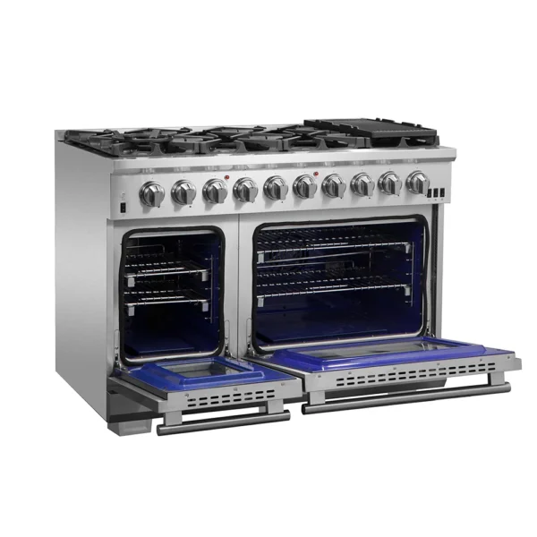 Cuisinière au gaz 48 pouces en acier inoxydable Capriasca, 8 brûleurs en laiton 160 000 BTU, 6,58 pieds cubes Fours doubles – Image 2