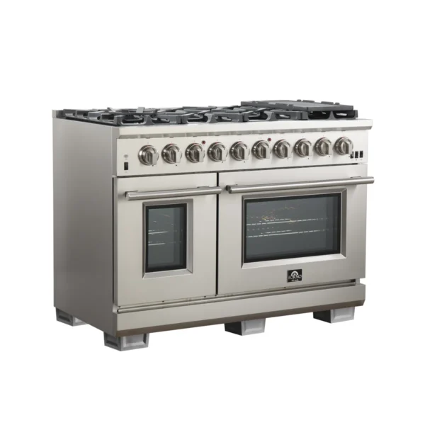 Cuisinière au gaz 48 pouces en acier inoxydable Capriasca, 8 brûleurs en laiton 160 000 BTU, 6,58 pieds cubes Fours doubles – Image 3